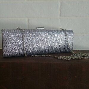 Le Chateau hard shell silver sparkle sequin clutch bag